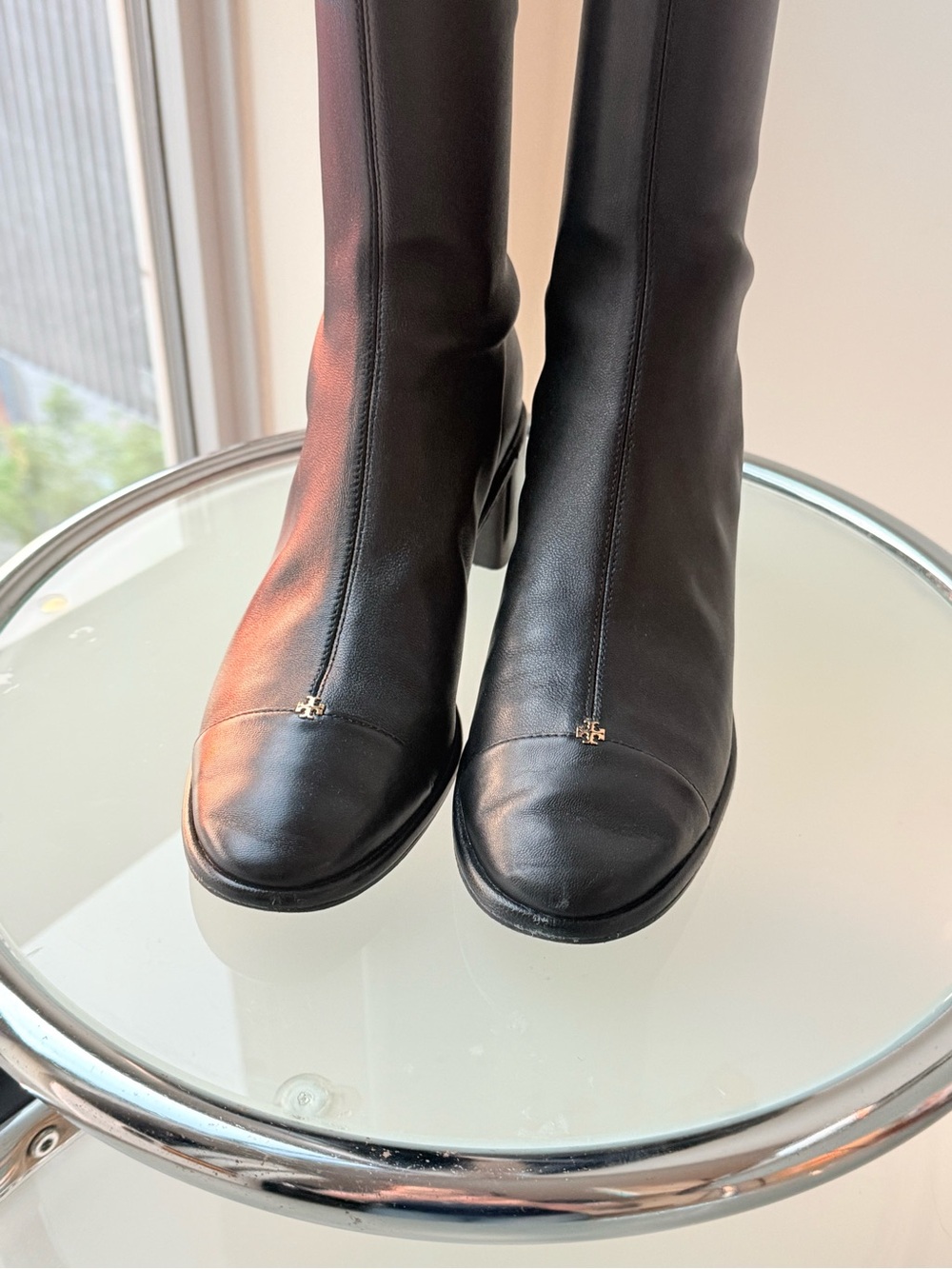 Tory Burch Black Tall Leather Block-Heel Boots - Picture 2 of 6